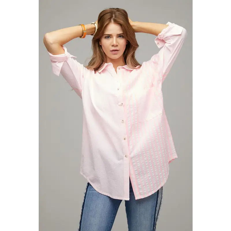 Striped Button Down Long Sleeve Shirt Pink Top