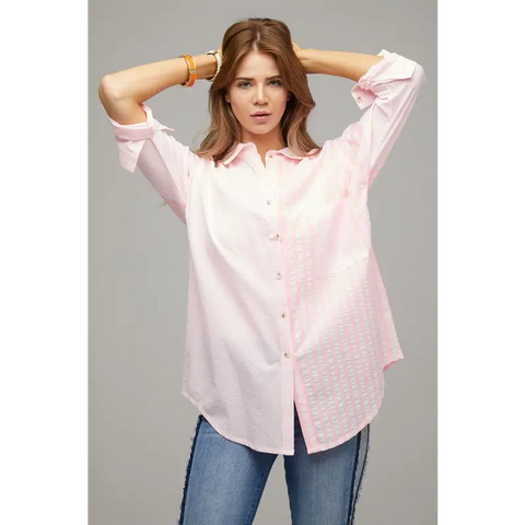 Striped Button Down Long Sleeve Shirt Pink Top