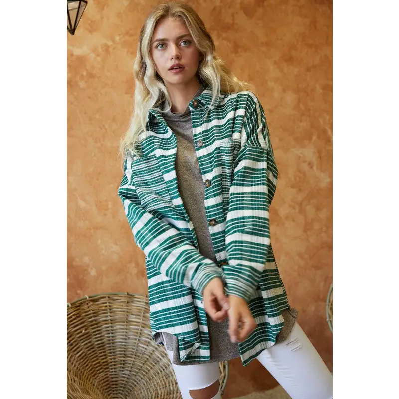 Striped Button Down Shacket Green Jacket