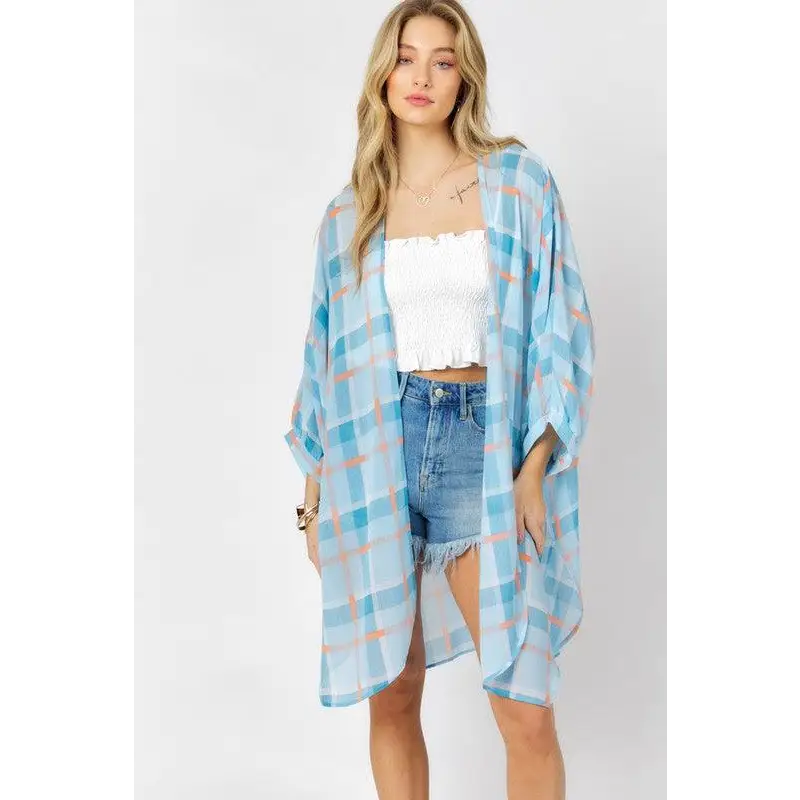 STRIPED SHORT SLEEVE KIMONO CARDIGAN Blue Kimono Cardigan