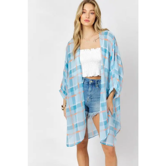 STRIPED SHORT SLEEVE KIMONO CARDIGAN Blue Kimono Cardigan