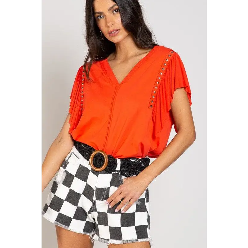 Studded Flutter Sleeve T-shirt Top