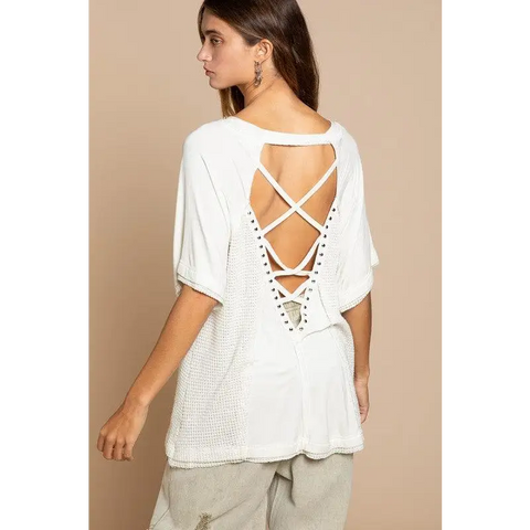 Studded Strappy Back Waffle Mixed Knit Top Top