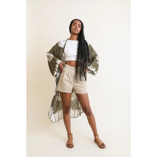 Tie Dye Longline Kimono with Full Sleeves Olive One Size