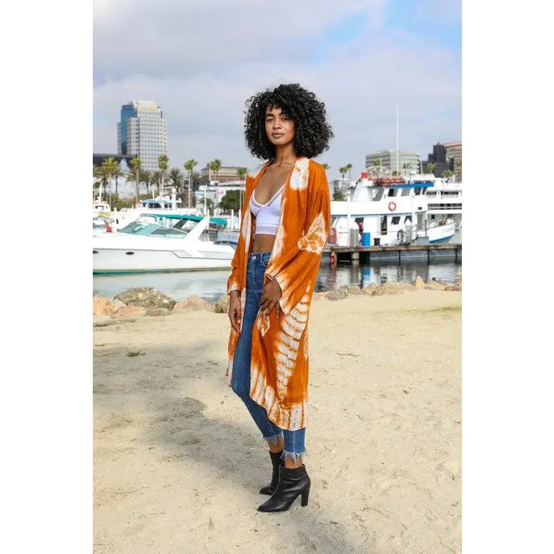 Tie Dye Longline Kimono with Full Sleeves Rust One Size