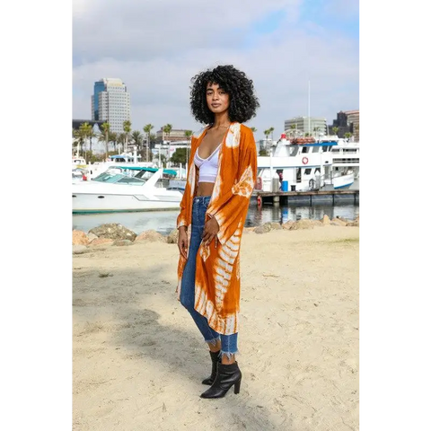 Tie Dye Longline Kimono with Full Sleeves Rust One Size