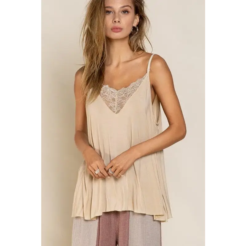 V-camisole Tank with Lace on Front Top