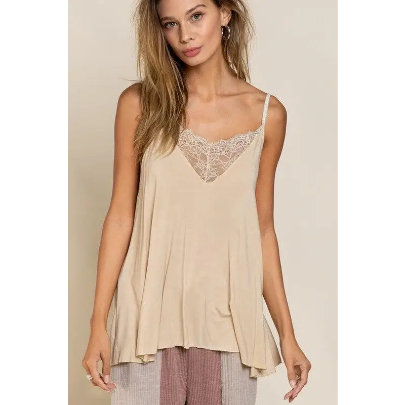 V-camisole Tank with Lace on Front Top