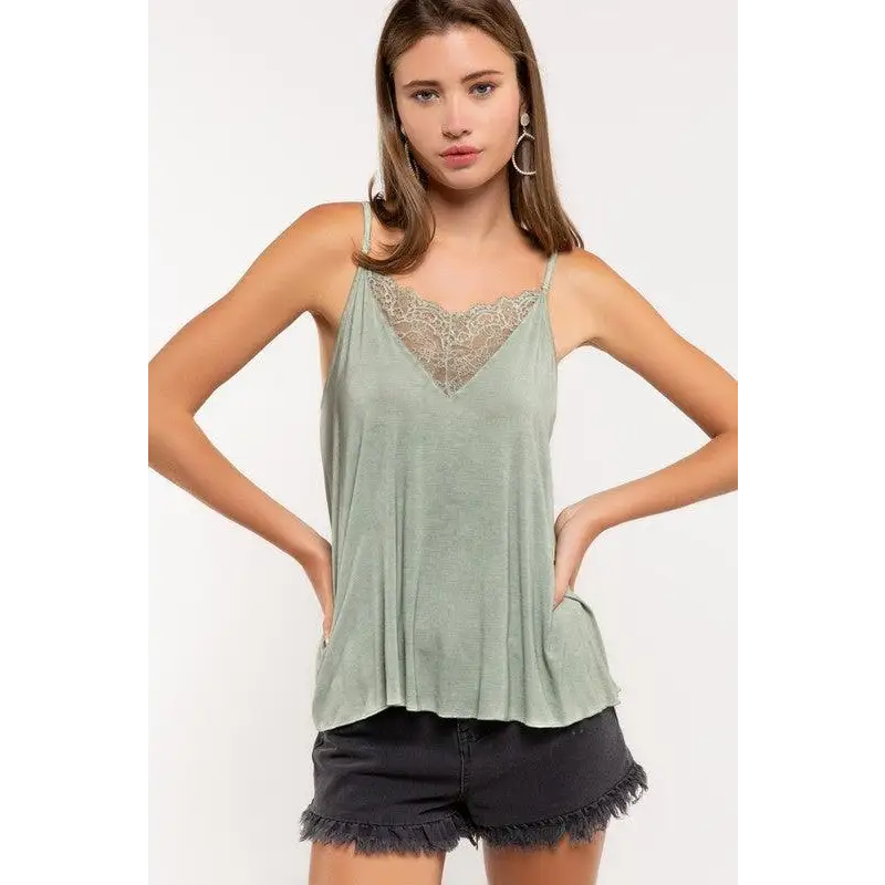 V-camisole Tank with Lace on Front Top