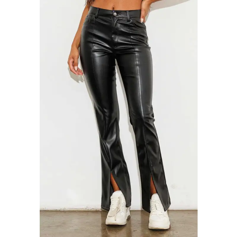 Vegan Leather Front Slit Bootcut Pants Pants