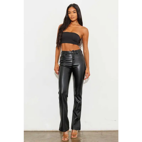 Vegan Leather Side Slit Bootcut Pants Black Pants