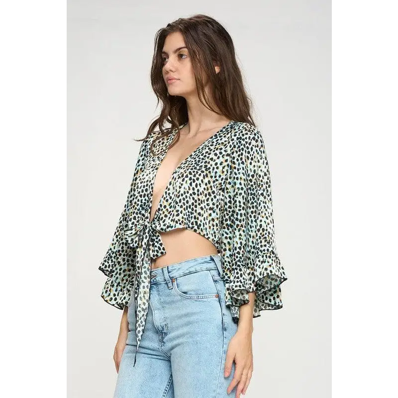 Wide ruffle sleeves tie crop cardigan leopard Blue Top