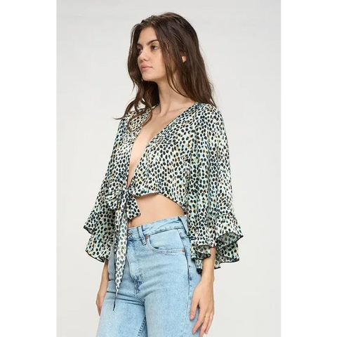 Wide ruffle sleeves tie crop cardigan leopard Blue Top