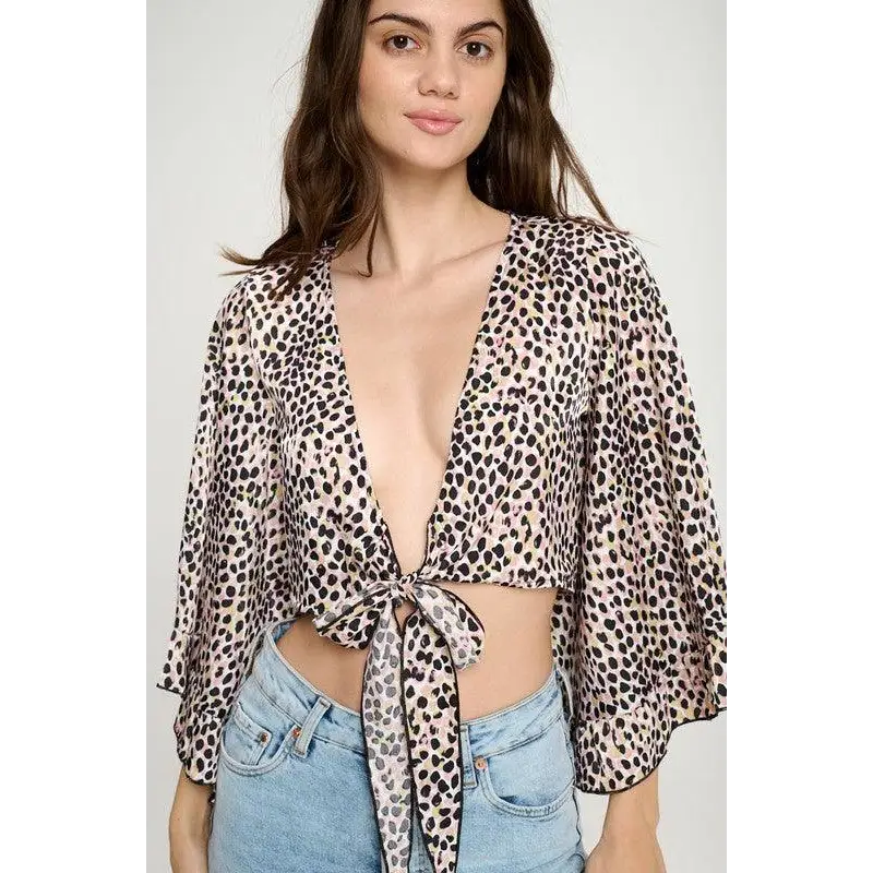 Wide ruffle sleeves tie crop cardigan leopard Top