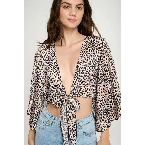 Wide ruffle sleeves tie crop cardigan leopard Top