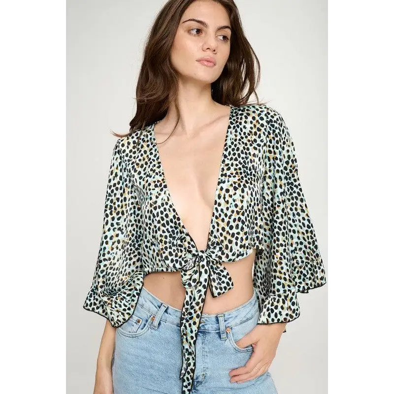 Wide ruffle sleeves tie crop cardigan leopard Top