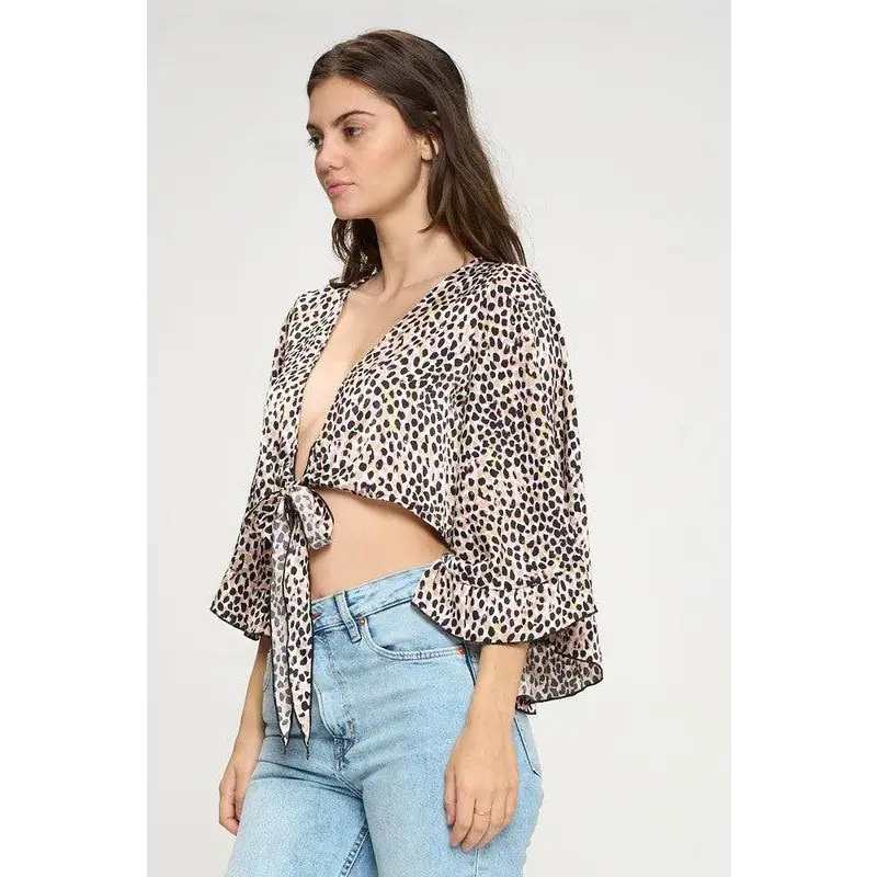 Wide ruffle sleeves tie crop cardigan leopard Top