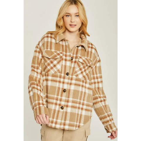 Woven Yarn Dye Long Sleeve Shacket CAMEL Jacket